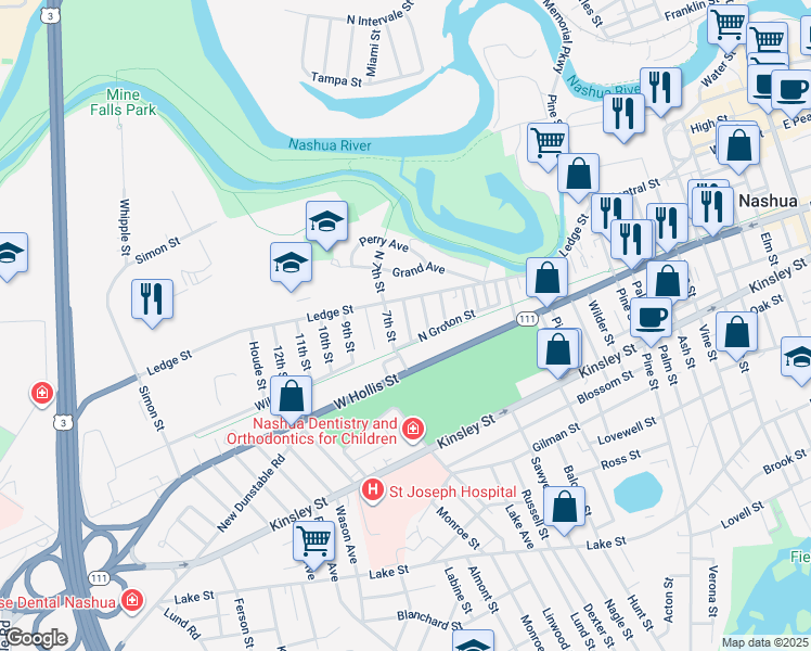 map of restaurants, bars, coffee shops, grocery stores, and more near 9 6th Street in Nashua