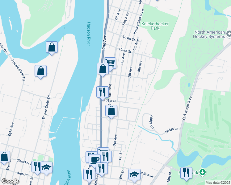 map of restaurants, bars, coffee shops, grocery stores, and more near 61 6th Avenue in Troy