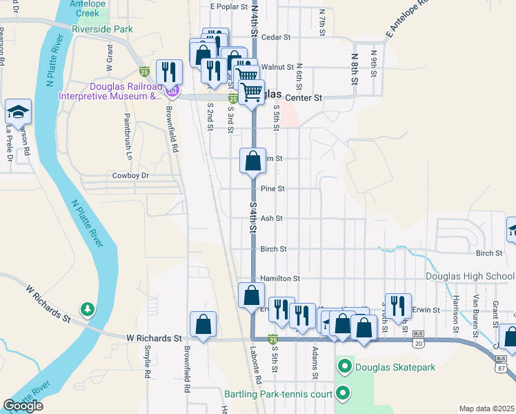 map of restaurants, bars, coffee shops, grocery stores, and more near 427 South 4th Street in Douglas