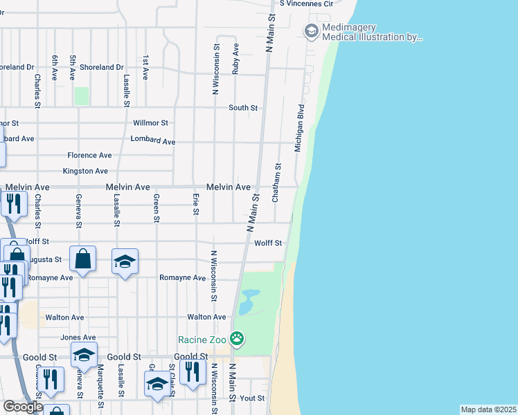 map of restaurants, bars, coffee shops, grocery stores, and more near 2823 North Main Street in Racine