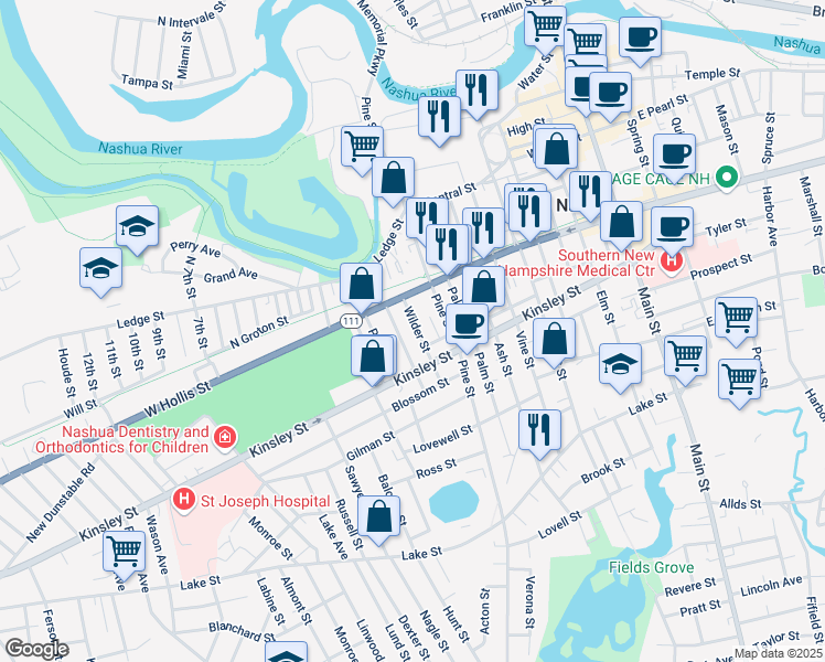 map of restaurants, bars, coffee shops, grocery stores, and more near 13 Wilder Street in Nashua