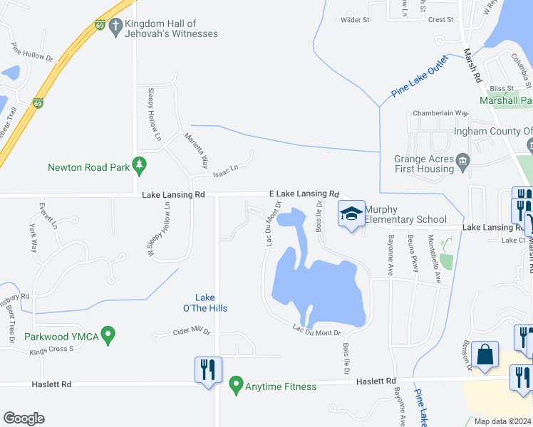 map of restaurants, bars, coffee shops, grocery stores, and more near 2115 Lac Du Mont Drive in Meridian charter Township