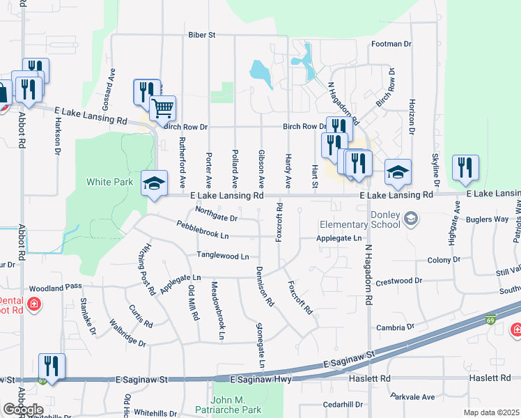 map of restaurants, bars, coffee shops, grocery stores, and more near 985 Northgate Drive in East Lansing