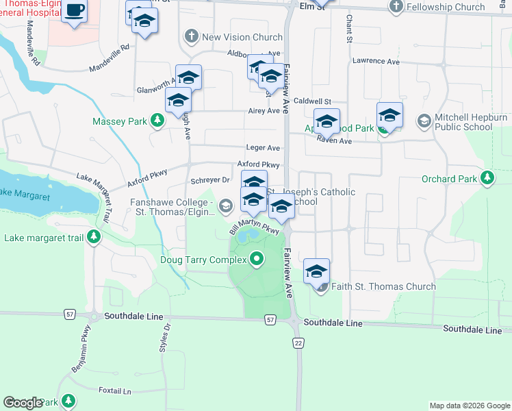 map of restaurants, bars, coffee shops, grocery stores, and more near 100 Bill Martyn Parkway in St. Thomas
