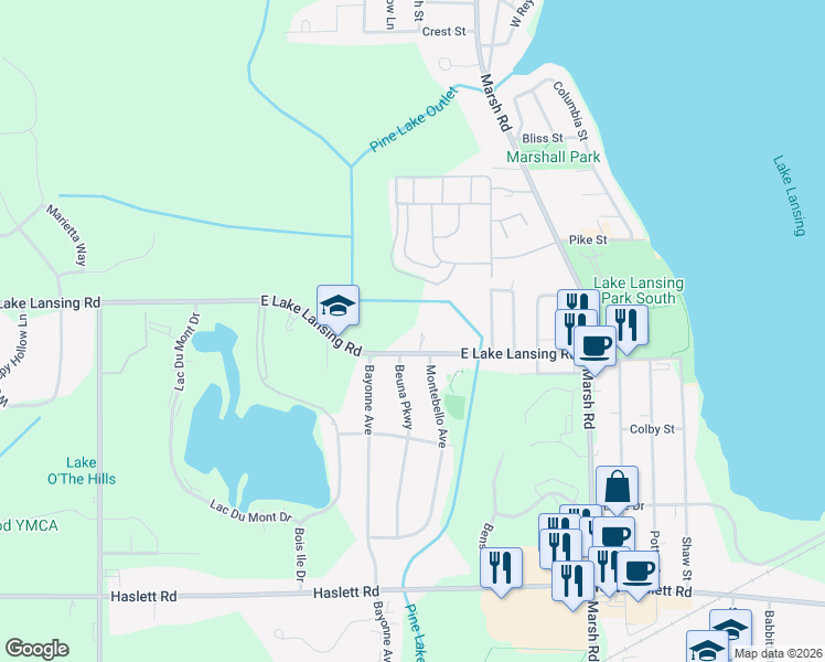 map of restaurants, bars, coffee shops, grocery stores, and more near 1780 Lake Lansing Road in Meridian charter Township