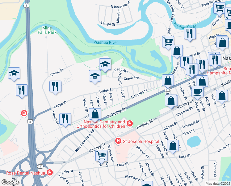 map of restaurants, bars, coffee shops, grocery stores, and more near 5 8th Street in Nashua