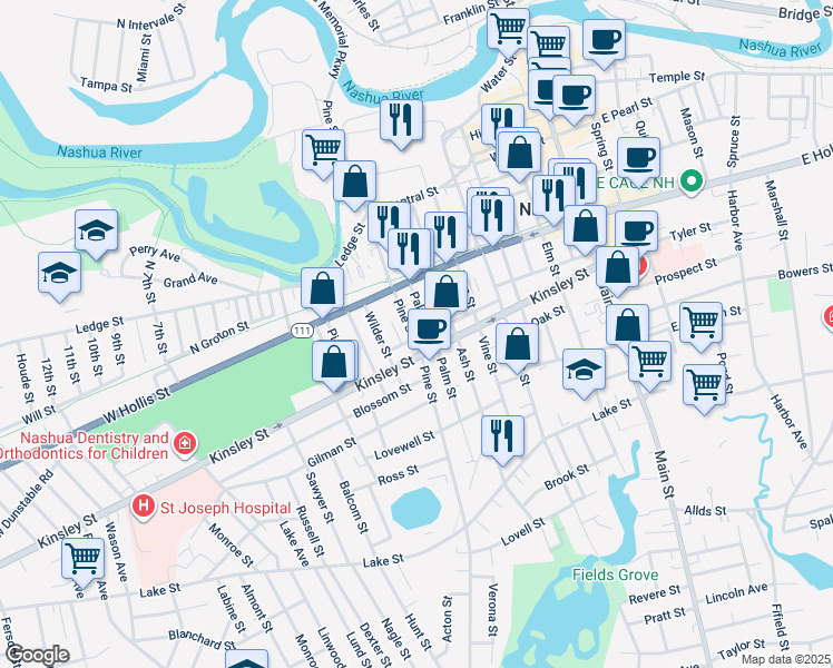 map of restaurants, bars, coffee shops, grocery stores, and more near 105 Pine Street in Nashua