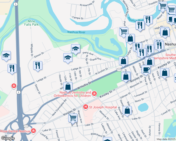 map of restaurants, bars, coffee shops, grocery stores, and more near 5 8th Street in Nashua
