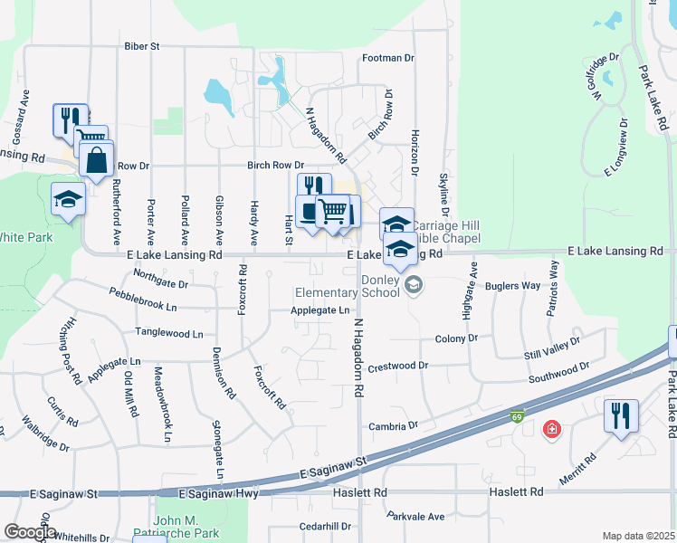 map of restaurants, bars, coffee shops, grocery stores, and more near 1843 North Hagadorn Road in East Lansing