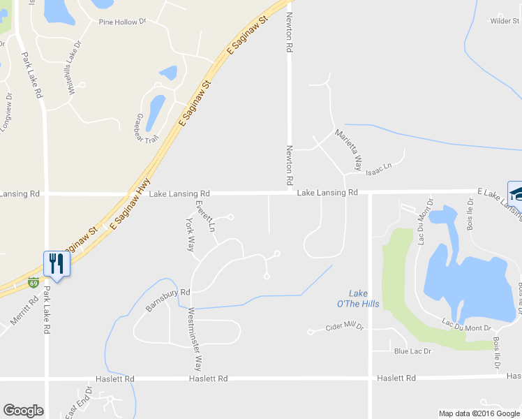 map of restaurants, bars, coffee shops, grocery stores, and more near 2289 East Lake Lansing Road in East Lansing