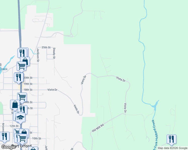 map of restaurants, bars, coffee shops, grocery stores, and more near 2 Vista Drive in Port Orford