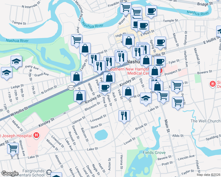 map of restaurants, bars, coffee shops, grocery stores, and more near in Nashua
