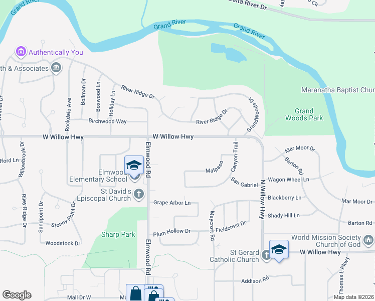 map of restaurants, bars, coffee shops, grocery stores, and more near 5011 West Willow Highway in Lansing