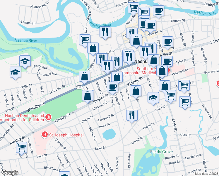map of restaurants, bars, coffee shops, grocery stores, and more near 105 Pine Street in Nashua