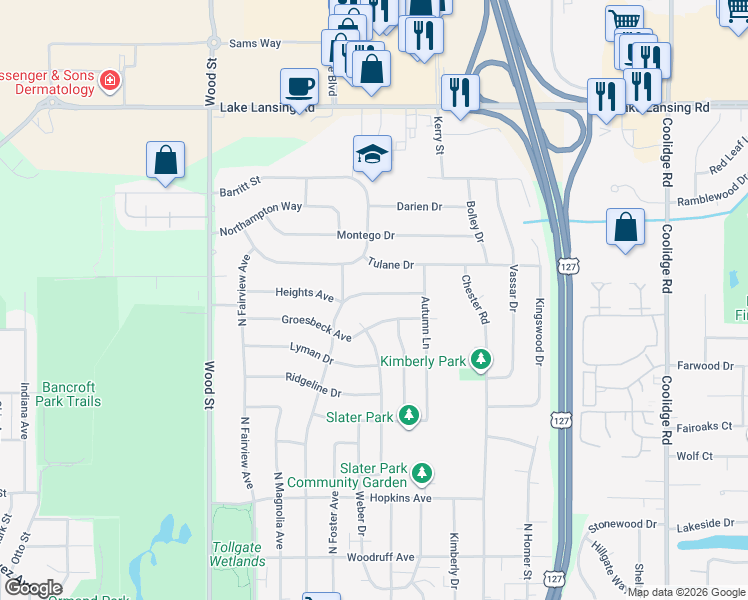 map of restaurants, bars, coffee shops, grocery stores, and more near 2510 Heights Avenue in Lansing
