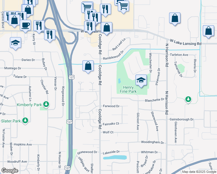 map of restaurants, bars, coffee shops, grocery stores, and more near 1841 Bramble Drive in East Lansing