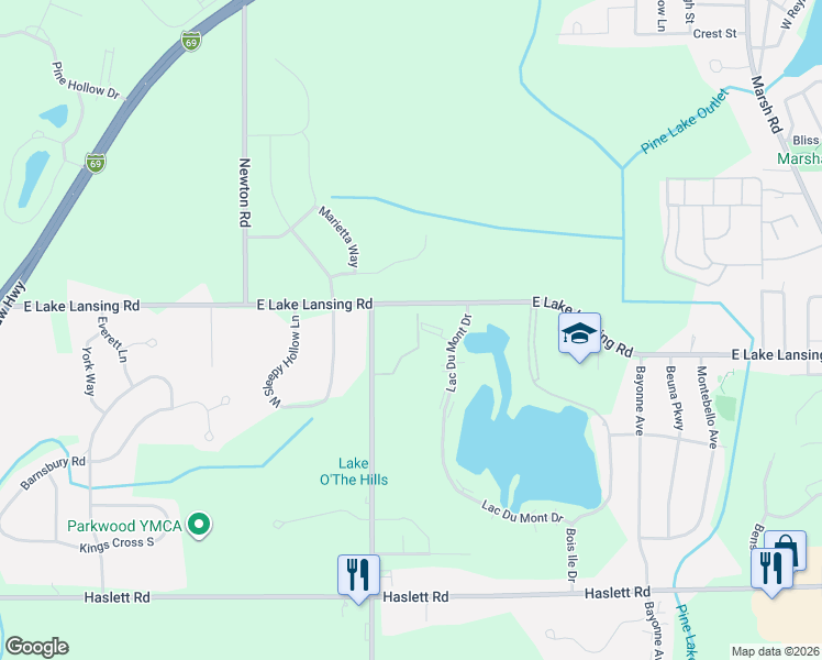 map of restaurants, bars, coffee shops, grocery stores, and more near 5976 Village Drive in Meridian charter Township