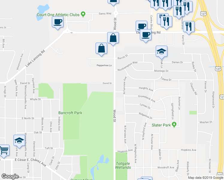 map of restaurants, bars, coffee shops, grocery stores, and more near 1903 Wood Street in Lansing