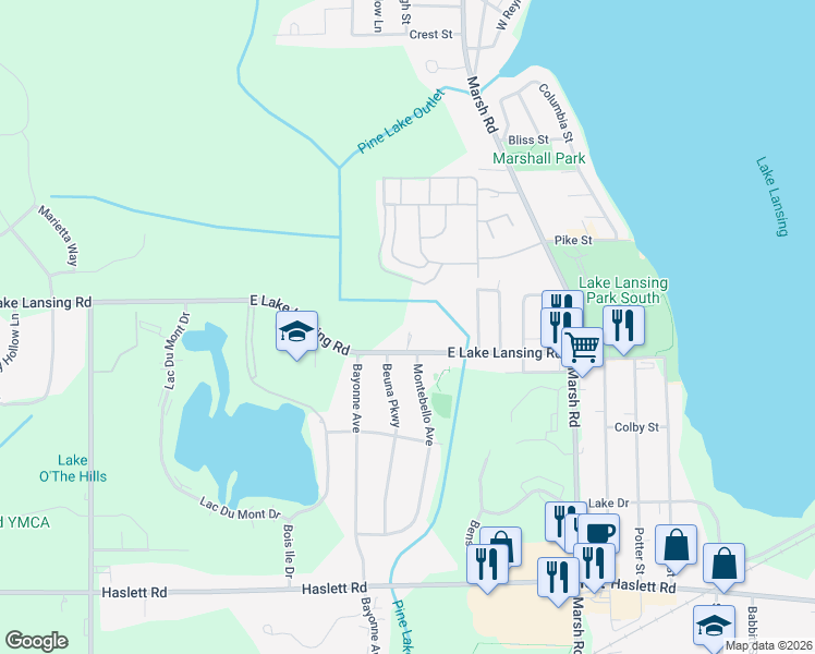 map of restaurants, bars, coffee shops, grocery stores, and more near 1780 Lake Lansing Road in Meridian charter Township