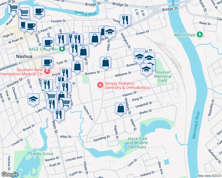 map of restaurants, bars, coffee shops, grocery stores, and more near 9 McKean Street in Nashua