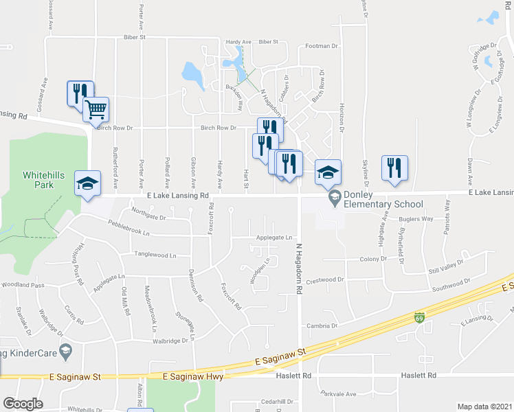 map of restaurants, bars, coffee shops, grocery stores, and more near 1350 E Lake Lansing Rd in East Lansing