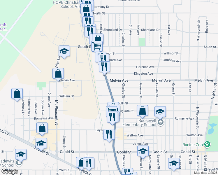 map of restaurants, bars, coffee shops, grocery stores, and more near 1511 Isabelle Avenue in Racine