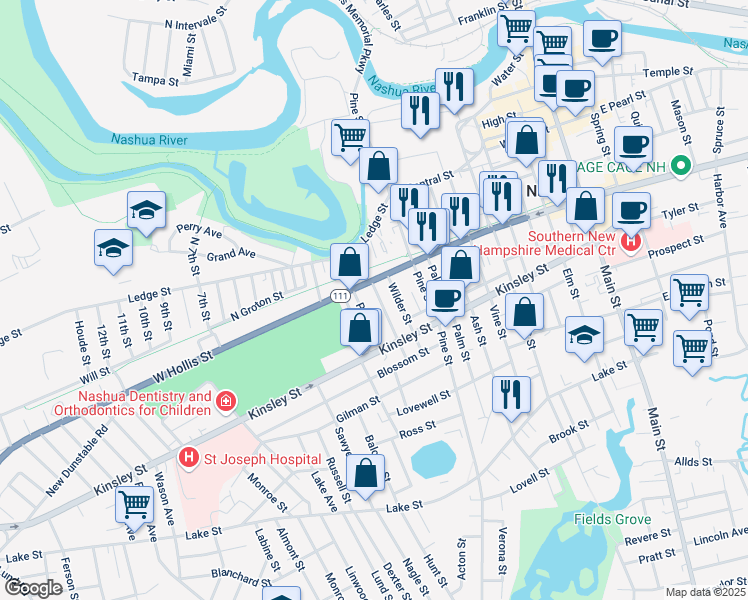 map of restaurants, bars, coffee shops, grocery stores, and more near 7 Hanover Street in Nashua