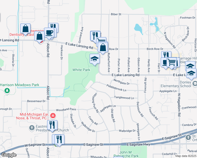 map of restaurants, bars, coffee shops, grocery stores, and more near 621 Pebblebrook Lane in East Lansing
