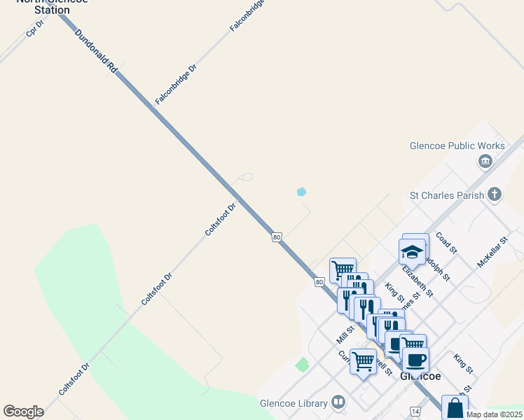 map of restaurants, bars, coffee shops, grocery stores, and more near 23002 Dundonald Road in Glencoe