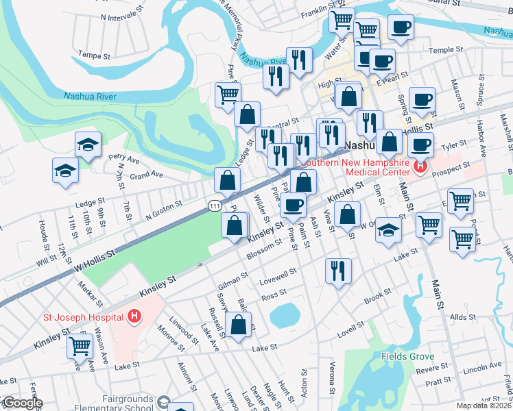 map of restaurants, bars, coffee shops, grocery stores, and more near 13 Wilder Street in Nashua