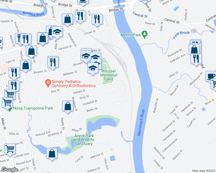 map of restaurants, bars, coffee shops, grocery stores, and more near 2 Tetreau Street in Nashua