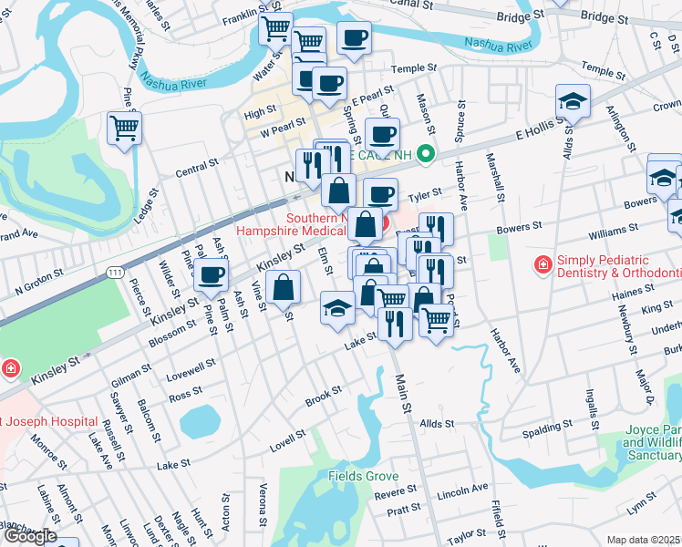 map of restaurants, bars, coffee shops, grocery stores, and more near 283 Main Street in Nashua