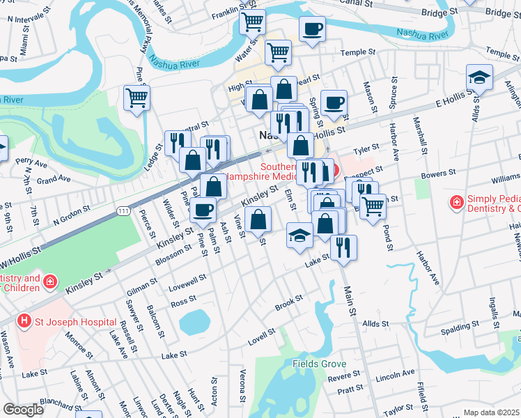 map of restaurants, bars, coffee shops, grocery stores, and more near 117 Walnut Street in Nashua