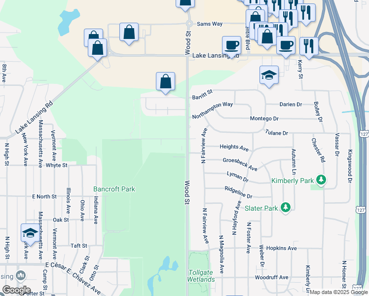 map of restaurants, bars, coffee shops, grocery stores, and more near 1903 Wood Street in Lansing
