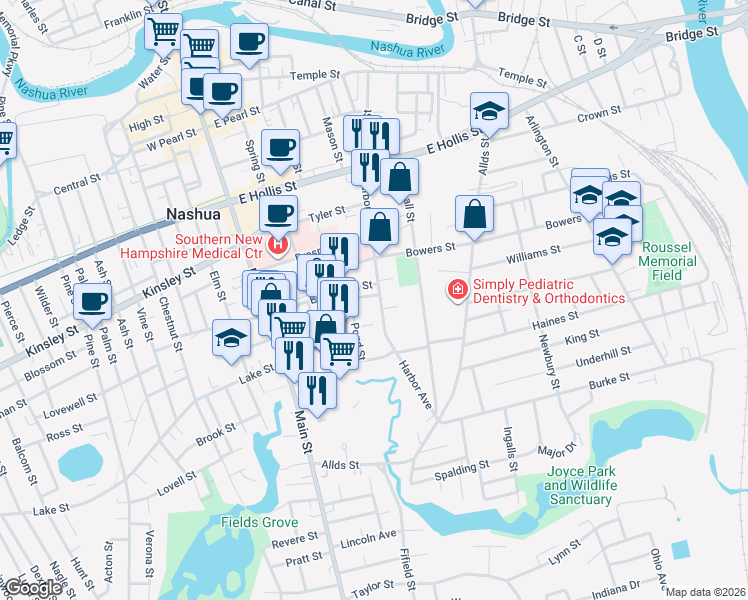 map of restaurants, bars, coffee shops, grocery stores, and more near 53 Harbor Avenue in Nashua