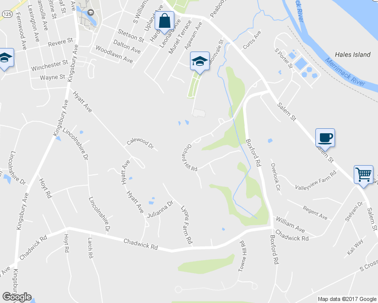 map of restaurants, bars, coffee shops, grocery stores, and more near 126 Orchard Hill Road in Haverhill