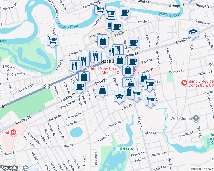 map of restaurants, bars, coffee shops, grocery stores, and more near 12 Oak Street in Nashua