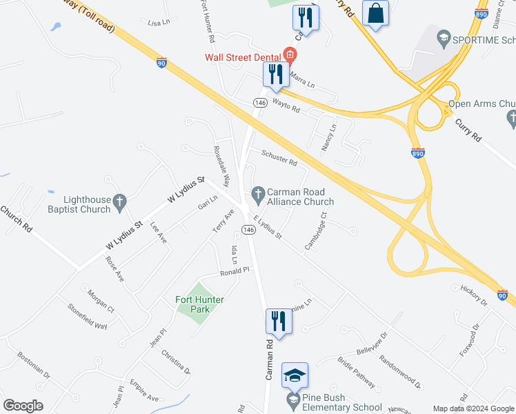 map of restaurants, bars, coffee shops, grocery stores, and more near 3313 Carman Road in Schenectady