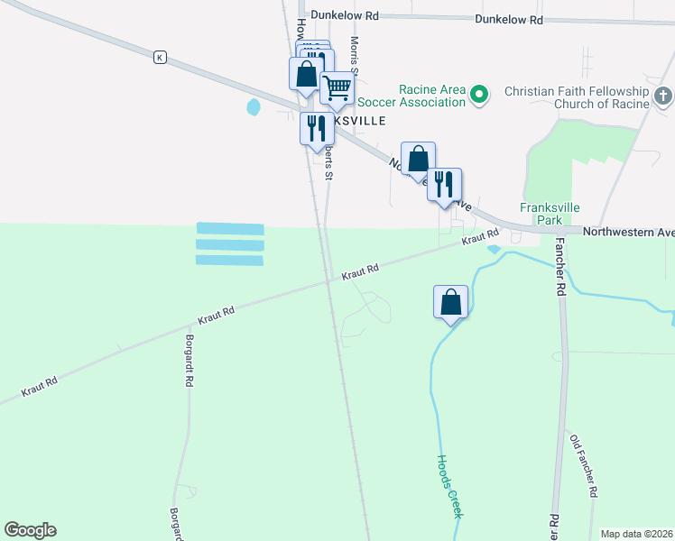 map of restaurants, bars, coffee shops, grocery stores, and more near 10404 Kraut Road in Mount Pleasant