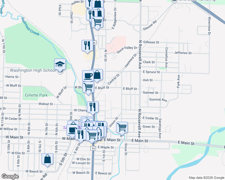 map of restaurants, bars, coffee shops, grocery stores, and more near 209 E Bluff St in Cherokee