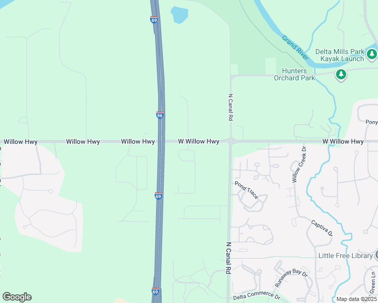 map of restaurants, bars, coffee shops, grocery stores, and more near 7805 West Willow Highway in Lansing