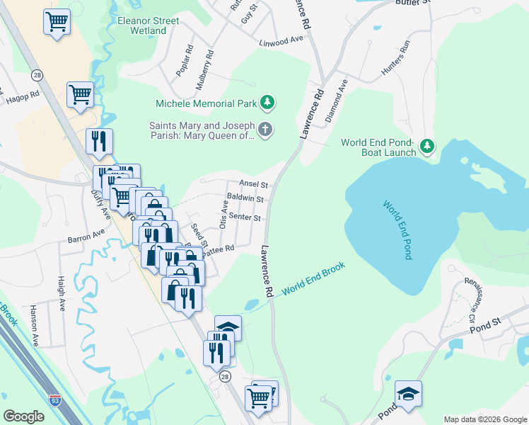 map of restaurants, bars, coffee shops, grocery stores, and more near 220 Lawrence Road in Salem