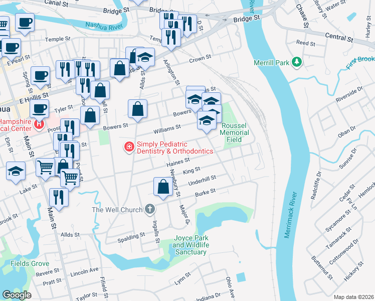 map of restaurants, bars, coffee shops, grocery stores, and more near 41 Haines Street in Nashua