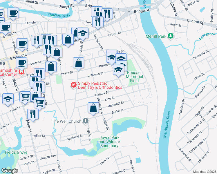 map of restaurants, bars, coffee shops, grocery stores, and more near 41 Haines Street in Nashua