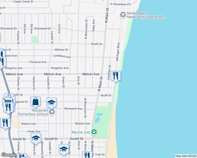 map of restaurants, bars, coffee shops, grocery stores, and more near 2823 Ruby Avenue in Racine