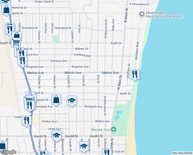 map of restaurants, bars, coffee shops, grocery stores, and more near 601 Isabelle Avenue in Racine