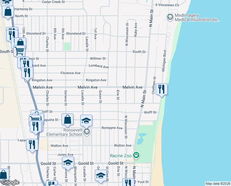 map of restaurants, bars, coffee shops, grocery stores, and more near 601 Isabelle Avenue in Racine