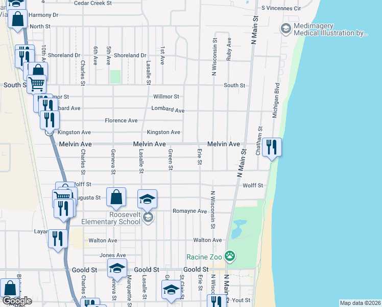 map of restaurants, bars, coffee shops, grocery stores, and more near 601 Isabelle Avenue in Racine