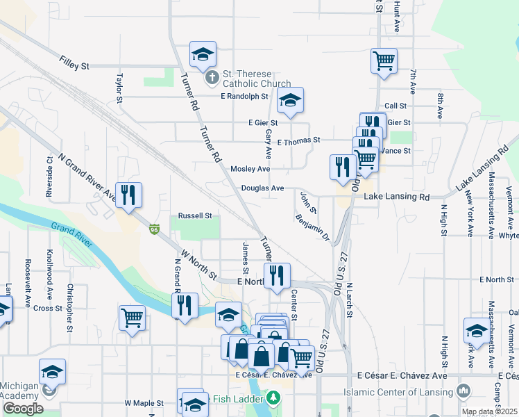 map of restaurants, bars, coffee shops, grocery stores, and more near 1900 Turner Road in Lansing