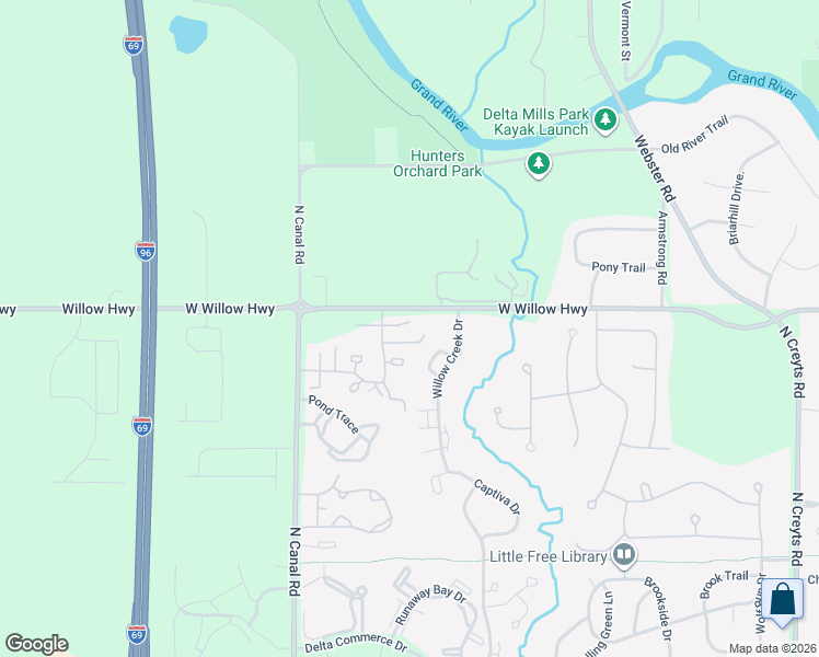 map of restaurants, bars, coffee shops, grocery stores, and more near 1900 Red Bud Lane in Lansing